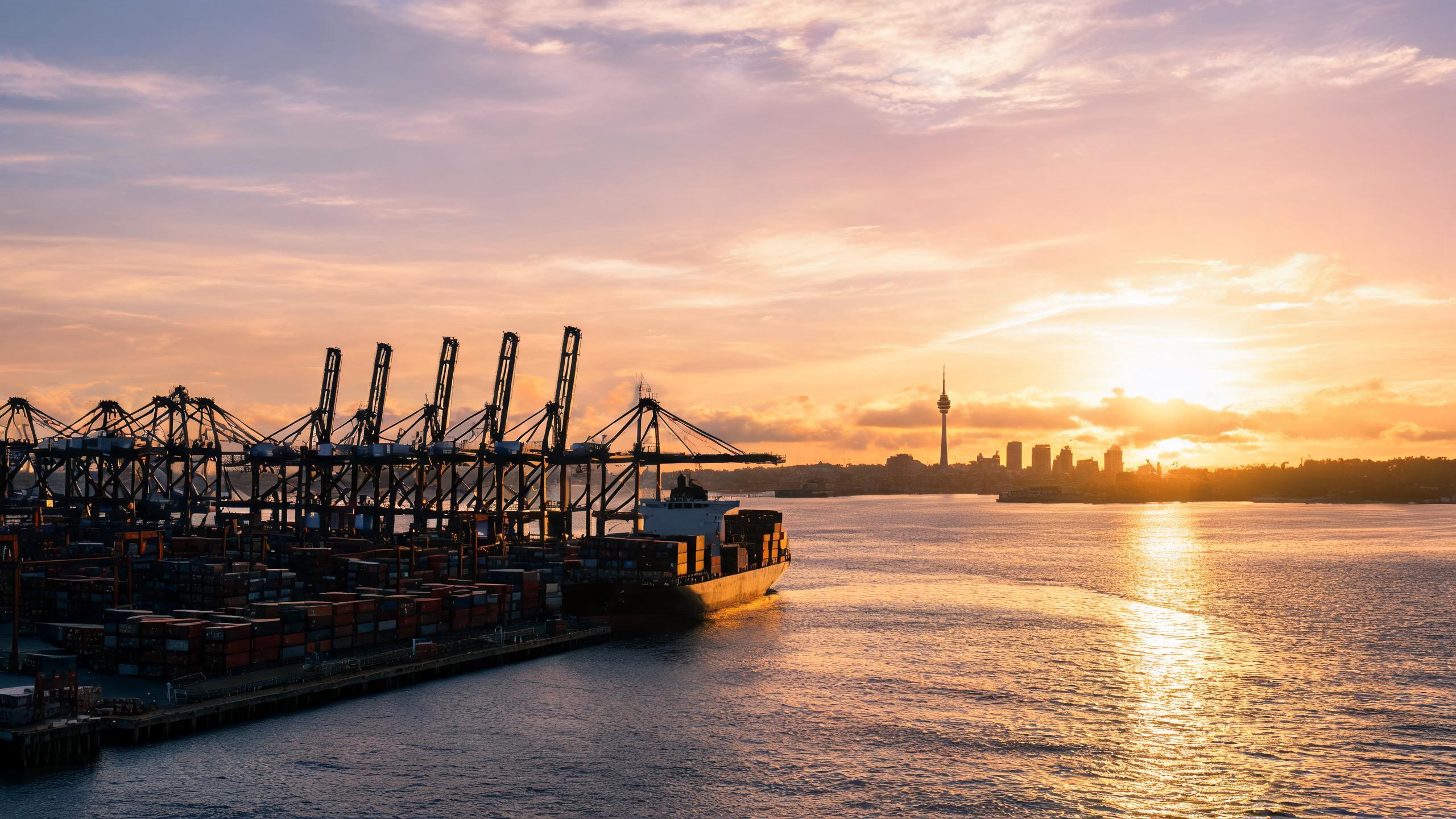 Auckland harbour container port at golden hour — ongoing NZ export projects