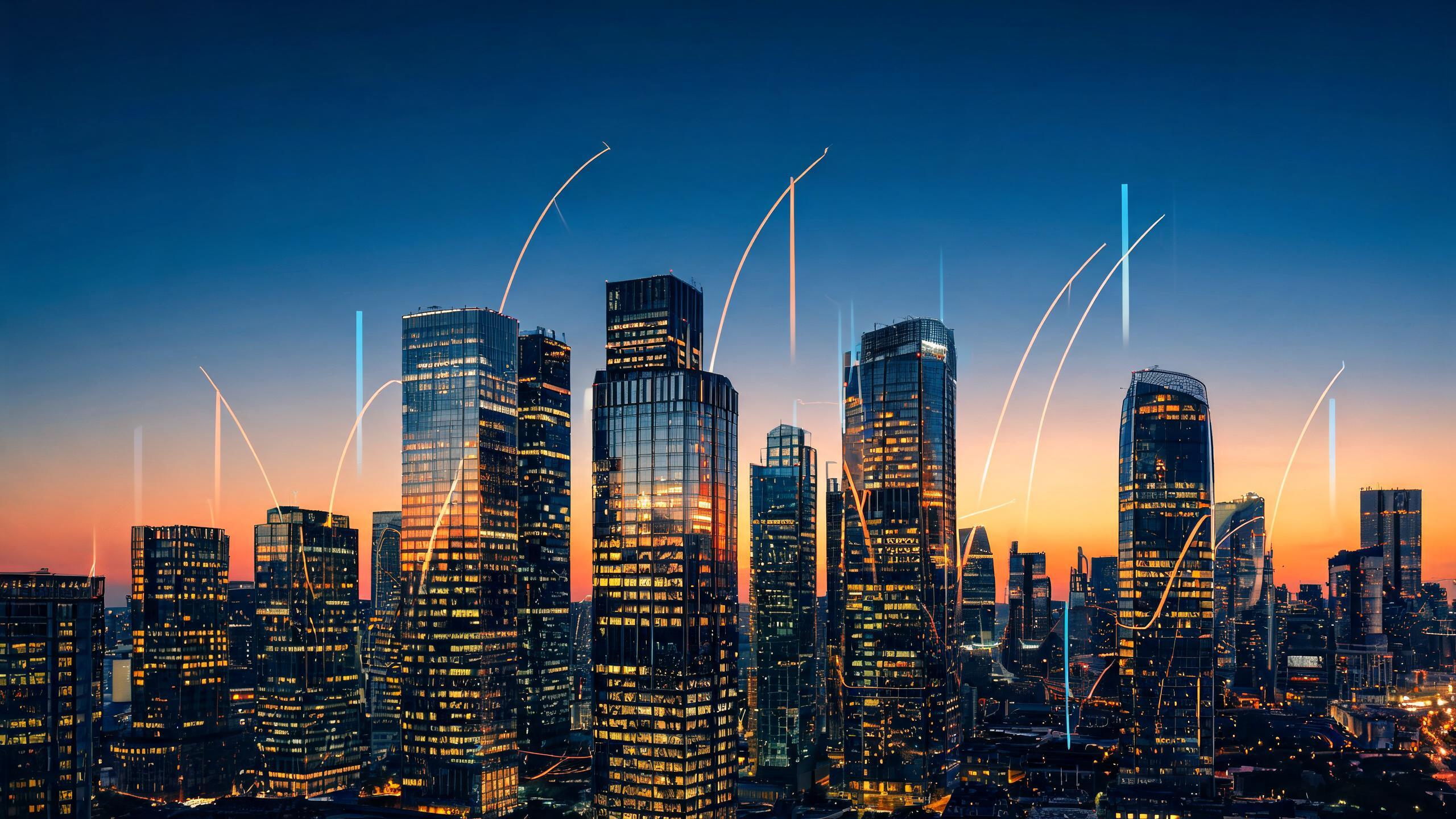 Modern financial district skyline at dusk — investment imagery